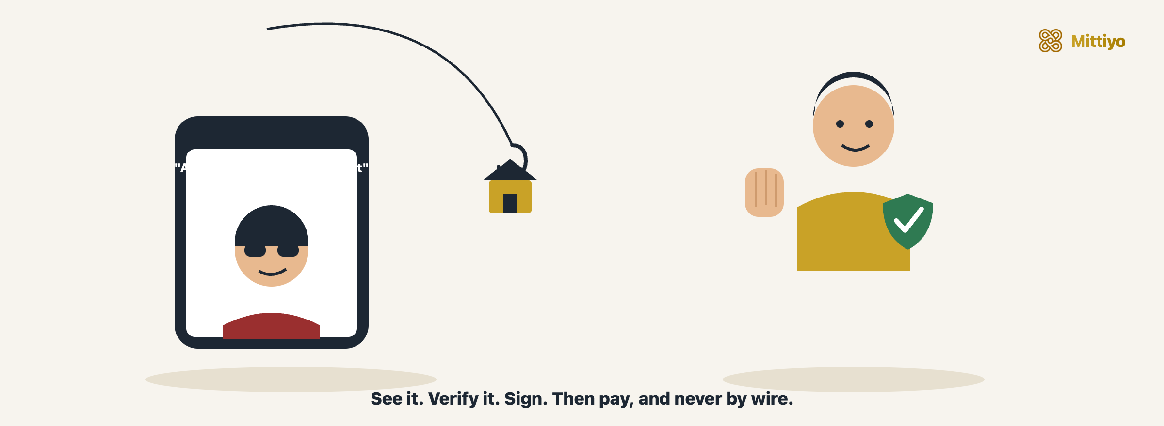 Cartoon: a scammer in a phone dangles a house on a fishing hook offering an &ldquo;amazing deal, wire a deposit&rdquo;, while a renter holds up a hand and a shield, refusing