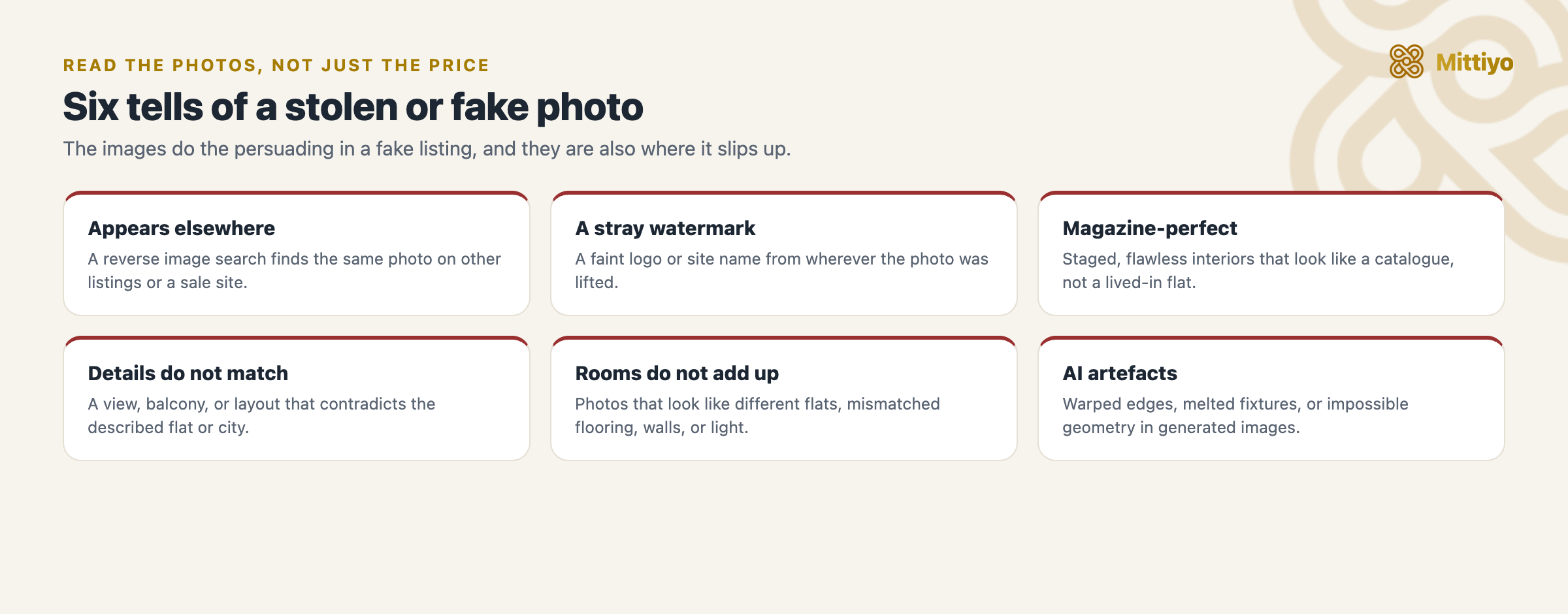 Six tells of a stolen or fake rental photo: it appears elsewhere, a stray watermark, magazine-perfect staging, details that do not match, rooms that do not add up, and AI artefacts