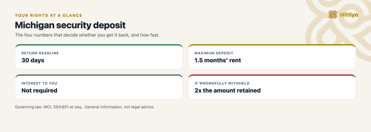 Michigan security deposit at a glance: return deadline, cap, interest, and the penalty for wrongful withholding