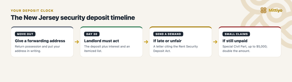 Security deposit timeline in New Jersey: move out and give a forwarding address, the 30-day clock, your demand letter, then Special Civil Part small claims